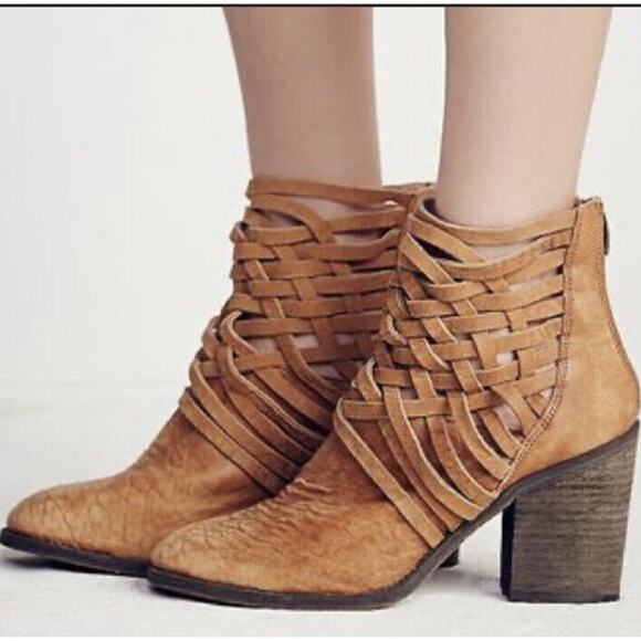 Free People Shoes - Free People Carrera Tan Strappy Brown Suede Woven‎ Distressed Boots Size 37 6.5